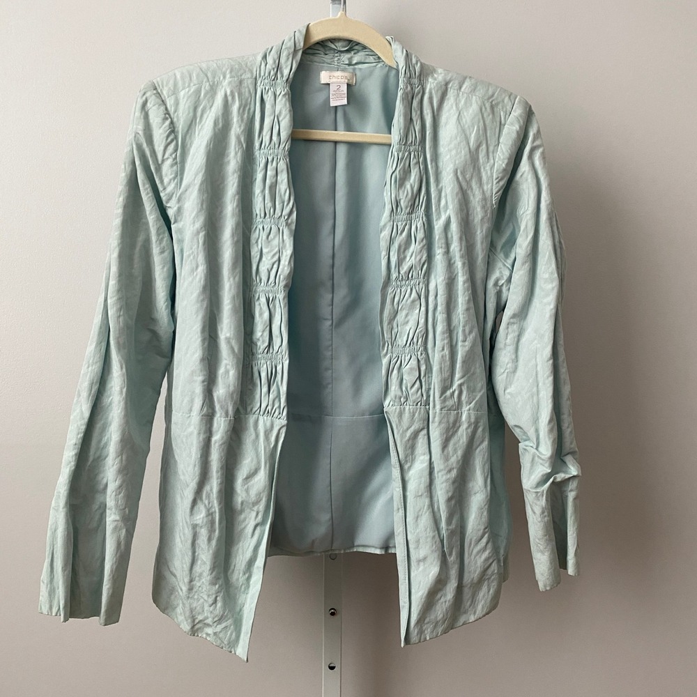 Chico's Cotton Lagenlook Office Siren Ruched Open Blazer Jacket 2 Light Blue